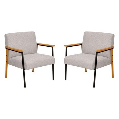 Kit 2 Poltronas Fontana Linho Cinza Base Em Madeira Com Metal Preto