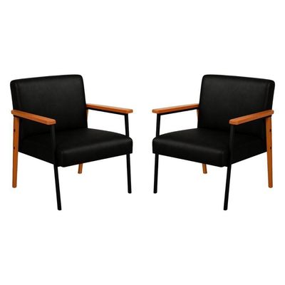 Kit 2 Poltronas Fontana Couro Preto Base Em Madeira Com Metal Preto