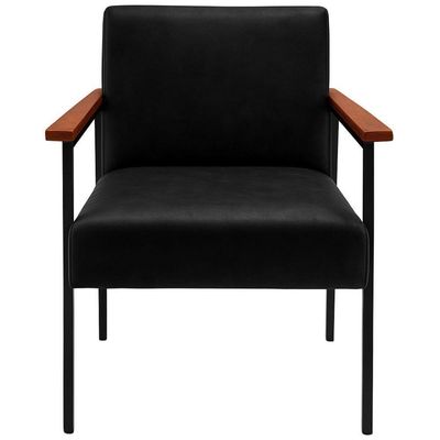 Kit 2 Poltronas Fontana Couro Preto Base Em Madeira Com Metal Preto
