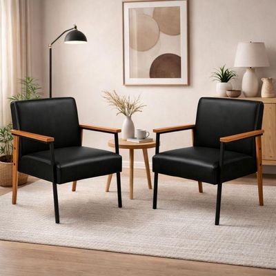 Kit 2 Poltronas Fontana Couro Preto Base Em Madeira Com Metal Preto