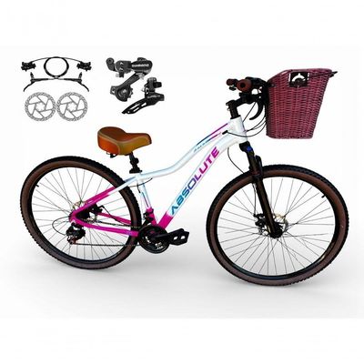Bicicleta Aro 29 Feminina Absolute Hera Retrô Vintage Shimano 21v Hidráulica Confortável Cesta Branco-rosa Tamano 17