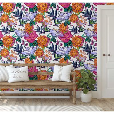 Revestimento Autoadesivo Removível Estampa Floral Folk Chique Rosa para Banheiro e Interior de Closet, Vinil - S4Sassy 63,5 cm (L) × 304,8 cm (C) / Rosa - Vinil Liso