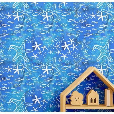 Papel de Parede Autoadesivo Decorativo para Quarto Infantil com Estrelas-do-Mar e Peixes, Vinil Impermeável Removível, Verde - S4Sassy 63,5 cm (L) × 609,6 cm (C) / Verde - Vinil Liso