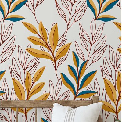 Papel de Parede Contorno de Folha Amarela - Botânico Moderno, Vinil Autoadesivo, Decoração DIY Fácil para Quarto e Sala - S4Sassy 63,5 cm (L) × 609,6 cm (C) / Amarelo - Vinil Liso