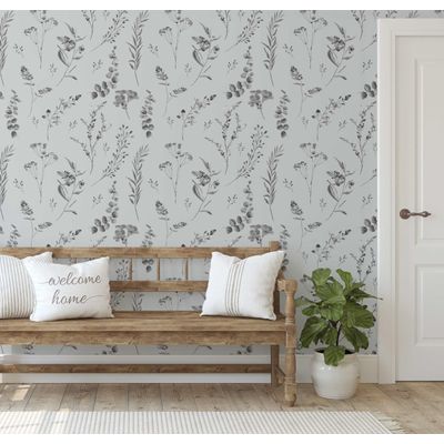 Papel de Parede Autoadesivo Estampa Botânica Aquarelada Cinza Removível, Papel Contact Destacável para Parede de Entrada - S4sassy 63,5 cm (L) × 609,6 cm (C) / Cinza - Vinil Liso