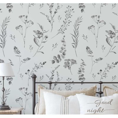 Papel de Parede Autoadesivo Estampa Botânica Aquarelada Cinza Removível, Papel Contact Destacável para Parede de Entrada - S4sassy 63,5 cm (L) × 609,6 cm (C) / Cinza - Vinil Liso