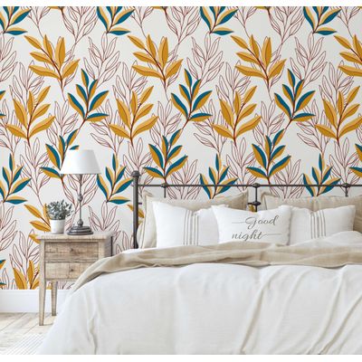 Papel de Parede Contorno de Folha Amarela - Botânico Moderno, Vinil Autoadesivo, Decoração DIY Fácil para Quarto e Sala - S4Sassy 63,5 cm (L) × 609,6 cm (C) / Amarelo - Vinil Liso