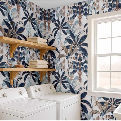 Revestimento de Parede Vinílico Autoadesivo Removível, Bananeira Tropical Azul para Banheiro, Lavanderia e Closet - S4Sassy 63,5 cm (L) × 609,6 cm (C) / Azul - Vinil Liso