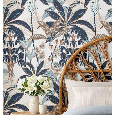 Revestimento de Parede Vinílico Autoadesivo Removível, Bananeira Tropical Azul para Banheiro, Lavanderia e Closet - S4Sassy 63,5 cm (L) × 609,6 cm (C) / Azul - Vinil Liso