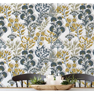 Papel de Parede Botânico Vintage - Floral Amarelo Autoadesivo em Vinil, Envoltório Decorativo, Instalação Fácil para Quarto e Sala - S4Sassy 63,5 cm (L) × 914,4 cm (C) / Amarelo - Vinil Texturizado