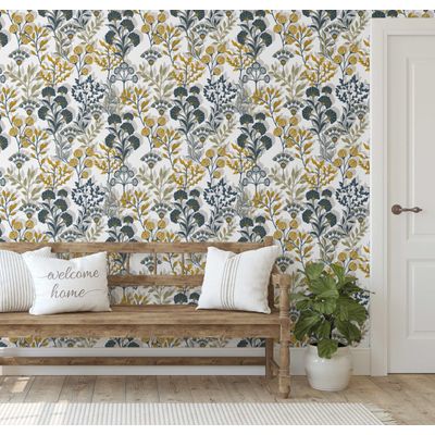 Papel de Parede Botânico Vintage - Floral Amarelo Autoadesivo em Vinil, Envoltório Decorativo, Instalação Fácil para Quarto e Sala - S4Sassy 63,5 cm (L) × 914,4 cm (C) / Amarelo - Vinil Texturizado