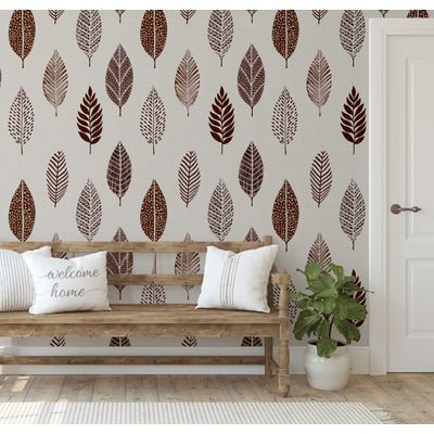 Papel de Parede Autoadesivo Mural com Estampa Marrom de Folhas Estilizadas, Destacável para Paredes, Entrada e Escritório, Solução - S4sassy 63,5 cm (L) × 152,4 cm (C) / Marrom - Vinil Texturizado