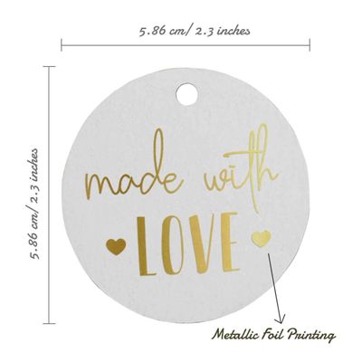 Etiquetas Penduradas de Papel Metalizado com Texto "Made With Love" para Lembrancinhas - Inkdotpot 100 Etiquetas Metalizadas / Branco - Dourado