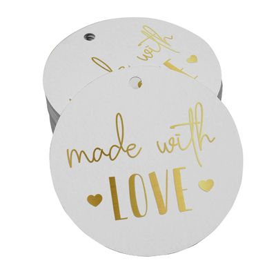 Etiquetas Penduradas de Papel Metalizado com Texto "Made With Love" para Lembrancinhas - Inkdotpot 100 Etiquetas Metalizadas / Branco - Dourado