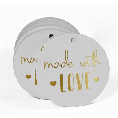 Etiquetas Penduradas de Papel Metalizado com Texto "Made With Love" para Lembrancinhas - Inkdotpot 100 Etiquetas Metalizadas / Branco - Dourado