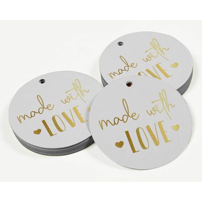 Etiquetas Penduradas de Papel Metalizado com Texto "Made With Love" para Lembrancinhas - Inkdotpot 100 Etiquetas Metalizadas / Branco - Dourado