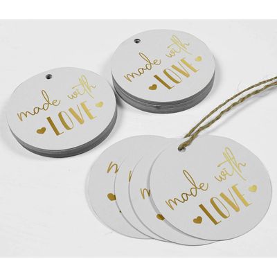 Etiquetas Penduradas de Papel Metalizado com Texto "Made With Love" para Lembrancinhas - Inkdotpot 100 Etiquetas Metalizadas / Branco - Dourado