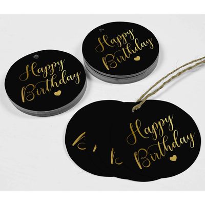Etiquetas Pendentes de Papel Metalizado Feliz Aniversário para Lembrancinhas - Inkdotpot 50 Etiquetas Metalizadas / Preto - Dourado