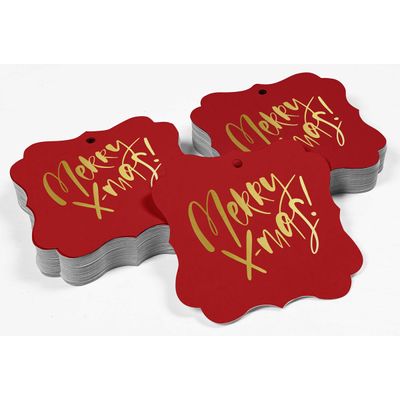 Etiquetas de Papel Metalizadas 'Merry X-Mas' para Lembrancinhas em Formato de Suporte para Pendurar - Inkdotpot 50 Etiquetas Metalizadas / Vermelho - Dourado
