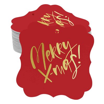 Etiquetas de Papel Metalizadas 'Merry X-Mas' para Lembrancinhas em Formato de Suporte para Pendurar - Inkdotpot 50 Etiquetas Metalizadas / Vermelho - Dourado