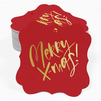 Etiquetas de Papel Metalizadas 'Merry X-Mas' para Lembrancinhas em Formato de Suporte para Pendurar - Inkdotpot 50 Etiquetas Metalizadas / Vermelho - Dourado