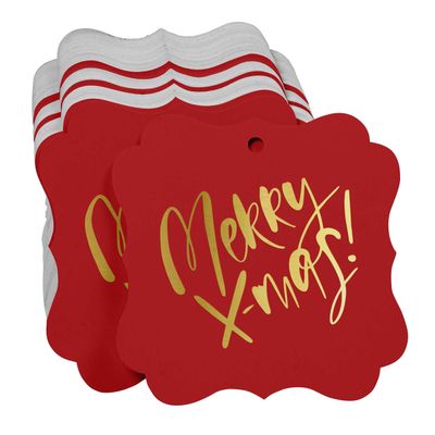 Etiquetas de Papel Metalizadas 'Merry X-Mas' para Lembrancinhas em Formato de Suporte para Pendurar - Inkdotpot 50 Etiquetas Metalizadas / Vermelho - Dourado