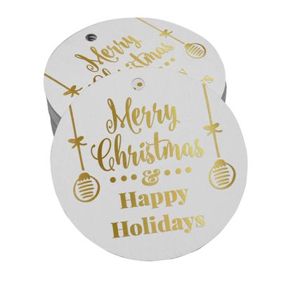 Etiquetas Penduradas de Papel Metalizado Feliz Natal & Boas Festas para Lembrancinhas - Inkdotpot 50 Etiquetas Metalizadas / Branco - Ouro Rosé