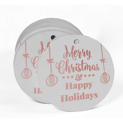 Etiquetas Penduradas de Papel Metalizado Feliz Natal & Boas Festas para Lembrancinhas - Inkdotpot 50 Etiquetas Metalizadas / Branco - Ouro Rosé