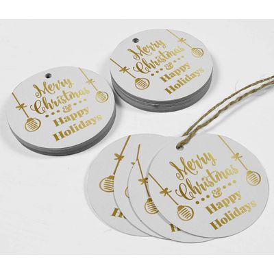 Etiquetas Penduradas de Papel Metalizado Feliz Natal & Boas Festas para Lembrancinhas - Inkdotpot 50 Etiquetas Metalizadas / Branco - Ouro Rosé