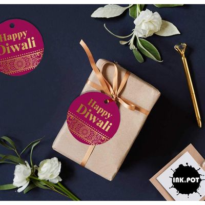 Etiquetas Pendentes de Papel Metalizado Feliz Diwali para Lembrancinhas - Inkdotpot 50 Etiquetas Metalizadas / Rosa - Dourado