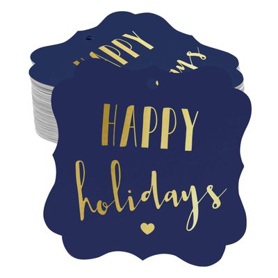 Etiquetas Pendentes de Papel em Formato de Colchete com Metalizado 'Happy Holiday' para Lembrancinhas - Inkdotpot 50 Etiquetas Metalizadas / Azul - Prata