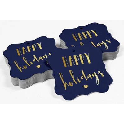 Etiquetas Pendentes de Papel em Formato de Colchete com Metalizado 'Happy Holiday' para Lembrancinhas - Inkdotpot 50 Etiquetas Metalizadas / Azul - Prata