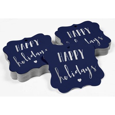 Etiquetas Pendentes de Papel em Formato de Colchete com Metalizado 'Happy Holiday' para Lembrancinhas - Inkdotpot 50 Etiquetas Metalizadas / Azul - Prata