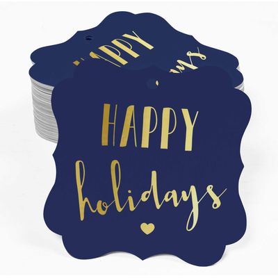Etiquetas Pendentes de Papel em Formato de Colchete com Metalizado 'Happy Holiday' para Lembrancinhas - Inkdotpot 50 Etiquetas Metalizadas / Azul - Prata