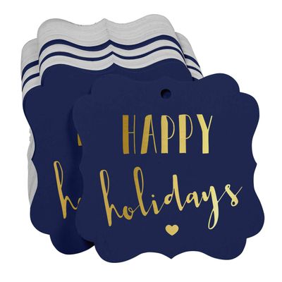 Etiquetas Pendentes de Papel em Formato de Colchete com Metalizado 'Happy Holiday' para Lembrancinhas - Inkdotpot 50 Etiquetas Metalizadas / Azul - Prata