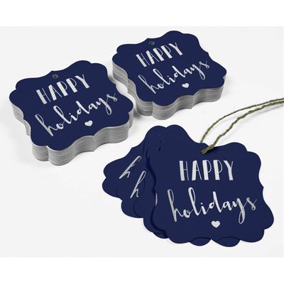 Etiquetas Pendentes de Papel em Formato de Colchete com Metalizado 'Happy Holiday' para Lembrancinhas - Inkdotpot 50 Etiquetas Metalizadas / Azul - Prata