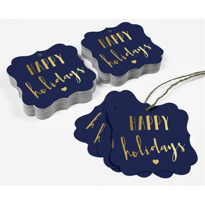 Etiquetas Pendentes de Papel em Formato de Colchete com Metalizado 'Happy Holiday' para Lembrancinhas - Inkdotpot 50 Etiquetas Metalizadas / Azul - Prata