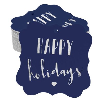 Etiquetas Pendentes de Papel em Formato de Colchete com Metalizado 'Happy Holiday' para Lembrancinhas - Inkdotpot 50 Etiquetas Metalizadas / Azul - Prata