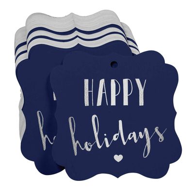 Etiquetas Pendentes de Papel em Formato de Colchete com Metalizado 'Happy Holiday' para Lembrancinhas - Inkdotpot 50 Etiquetas Metalizadas / Azul - Prata