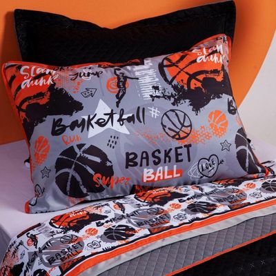 Jogo De Cama Lençol Solteiro Basquete Branco/cinza Com Fronhas E Virol Estampados 03 Peças - Percal 200 Fios