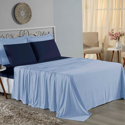 Jogo De Cama King Nobre 4 Peças Lençol Com Elástico De 30cm De Altura Malha 100% Algodão - Azul-bebê / Azul-marinho