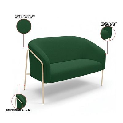 Sofá 2 Lugares Namoradeira Stella Base Industrial Alta Champanhe Bouclê Verde D03 - D'rossi