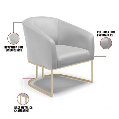 Poltrona Sala Decorativa Kit 2 Stella Base Industrial Champanhe Sintético D03 - D'rossi Cinza