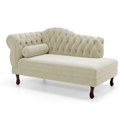 Divã Recamier Chaise Longue Lavínia 150cm Capitonê Pés De Madeira Suede Bege Claro - Desk Design