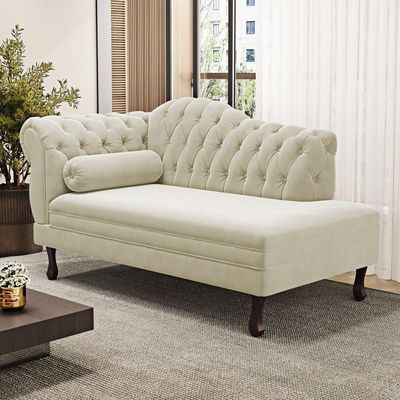 Divã Recamier Chaise Longue Lavínia 150cm Capitonê Pés De Madeira Suede Bege Claro - Desk Design