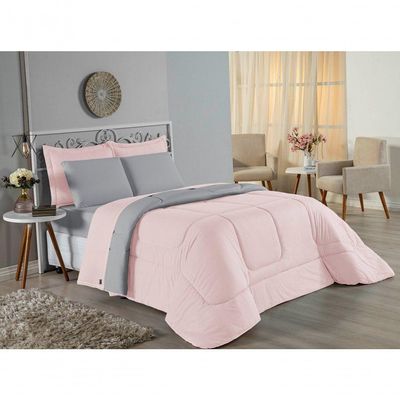 Kit Edredom Dupla Face + Jogo De Lençol Casal Viúva Nobre 7 Peças Malha 100% Algodão - Rosa / Cinza