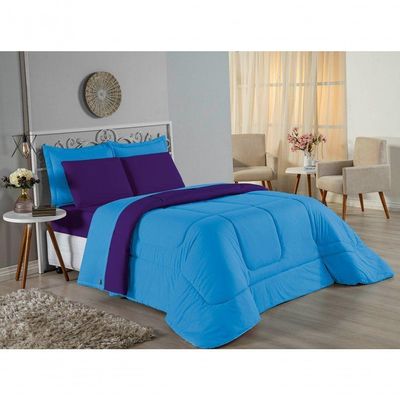 Edredom Solteiro Nobre 1 Peça Dupla Face 1,60m X 2,40m Malha 100% Algodão - Turquesa / Roxo