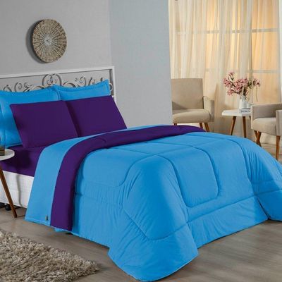 Edredom Solteiro Nobre 1 Peça Dupla Face 1,60m X 2,40m Malha 100% Algodão - Turquesa / Roxo