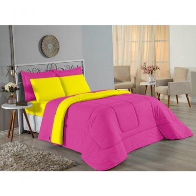 Kit Edredom Dupla Face + Jogo De Lençol Solteiro Nobre 4 Peças Malha 100% Algodão - Pink / Amarelo