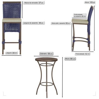 Mesa Bistrô E 4 Banquetas Roma Marrom Corda Estofado 7 Trama Azul